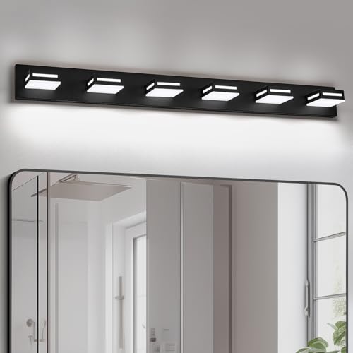 Image of LED Modern Bathroom Light Fixtures, 6-Light 48-Inch Matte Black Vanity Lights for Bathroom Lighting Fixtures Over Mirror, 6000K Cool White 350 Rotatable Wall Lamp