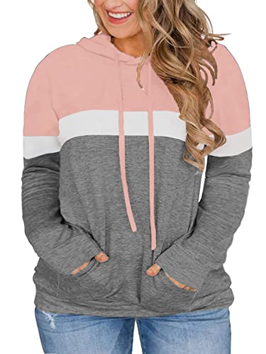 VISLILY Womens Plus Size Hoodies 2X Color Block Sweatshirts Long Sleeve Tops Pink 20W