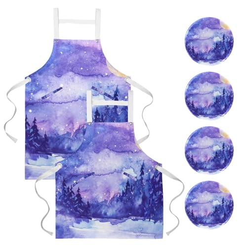 Tablier de serveuse à motif arbre de forêt nocturne avec 4 broches