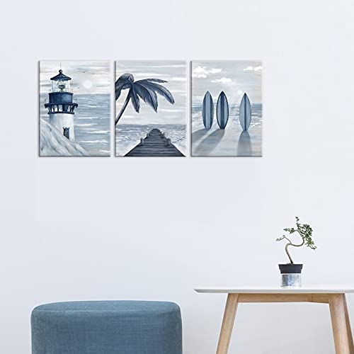 Homeoart Blue Beach Wall Art Prints Ocean Pier Coastal Dock Seascape Lighthouse Painting Nautical Theme Framed Stretched Artwork Living Room Home Wall Decor 12"X16"X3 Pcs #TOP3