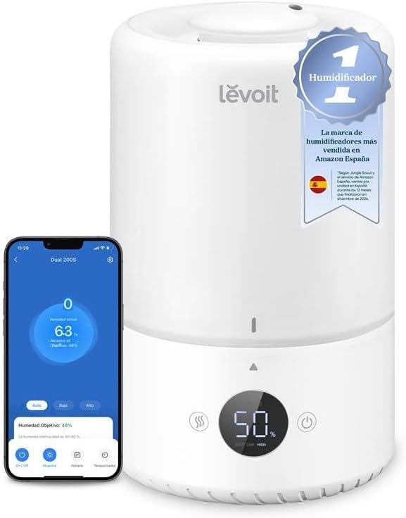 LEVOIT Humidificador Inteligente de Niebla Fría para Habitación y Bebé con Sensor, Control por APP y Voz, Difusor Aceites Esenciales, Temporizador a Cuarto, 20dB, 3L Top-Fill, Blanco
