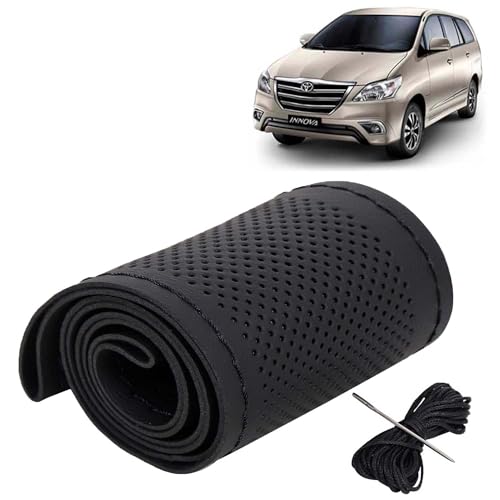 Image of KINGSWAY PU Leatherite Car Steering Cover Sewable Compatible with Toyota Innova (Year 2012-2015), Black Color with Black Thread, Pack of 1 with Sewing Needle and Thread