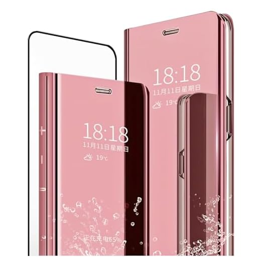 MLOTECH Fodral för Samsung Galaxy S10e, fodral + skärmskydd [2-pack] flip genomskinlig stående spegelpläteringshållare helkropp 360° skydd roséguld