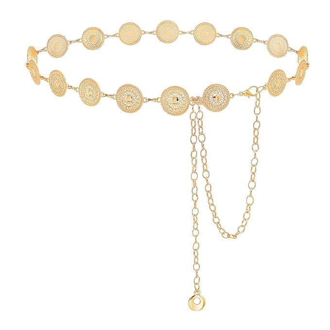 RAGHAVENTERPRISES Metal Waist Chain Belt for Women, Gold Adjustable Concho Belly Chain, 63-113cm, Western Boho Style for Saree, Dresses, Jeans, Skirts-image-47