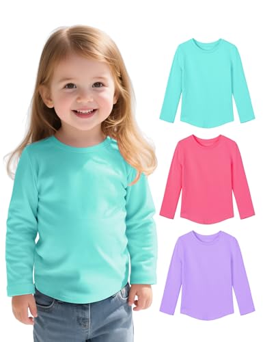 Witwot 3 Pack Toddler Girls Long Sleeve Shirts Soft Cotton Tees Baby Girl Crewneck Basic T-Shirts Tops Green/Purple/Melon Red 2T
