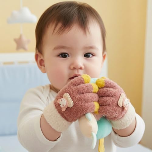 Image of Kraptick Kids Winter Gloves - Ultra-Soft Thick Knit Fuzzy Warm Mittens for Boys & Girls Cute Bear Patch Thermal Hand Warmers for Toddlers & Children -2