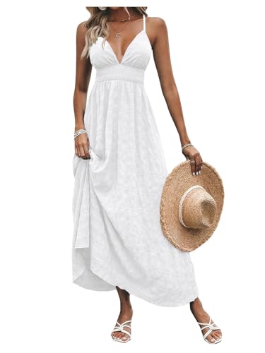 Image of Milumia Women's Summer V Neck Backless Maxi Dress Boho Spaghetti Strap A Line Flowy Beach Long Sundress