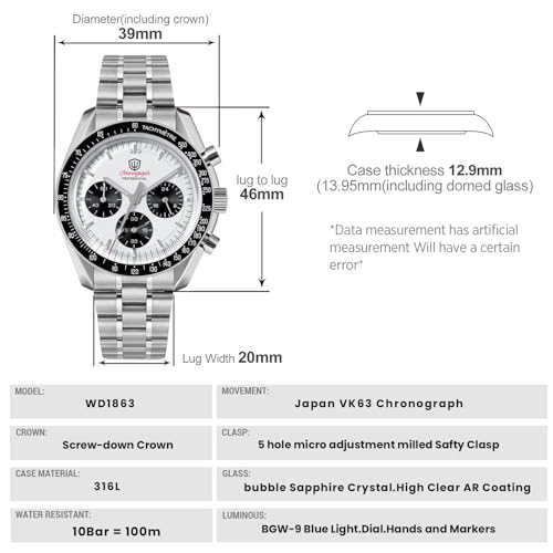 Image of watchdives WD1863 Men Chronograph Watch Japan VK63 Quartz Sports Watches 40mm Bubble Sapphire Crystal Wristwatch 100M Dive Watch