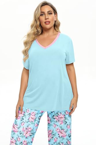 Image of Vozanet Women's V Neck Sexy Pajamas Capri Sets Mexican Style Floral Sleepwear 2PCS Totem Casual Nighty Plus Size M to 5XL