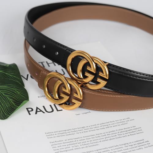 Image of Women's Fashion Classic Metal Buckle Leather Belt with Jeans Dress