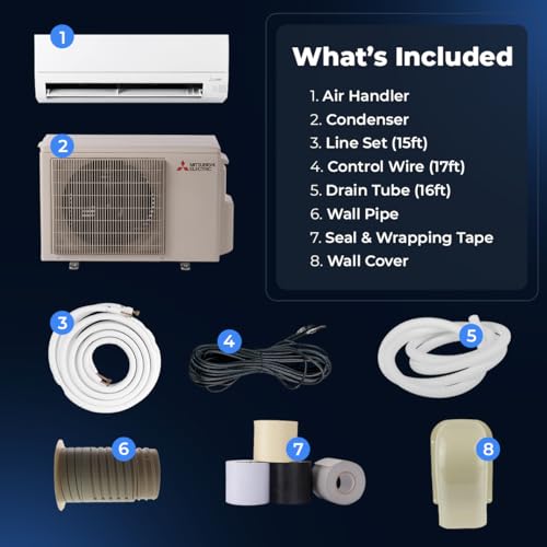 Image of Mitsubishi 18000 BTU 20 SEER2 HX-Series Mini Split Heat Pump System with 15ft Line Set & Installation Kit - R454B Single Zone | High Efficiency Wall Mounted Ductless AC /Heating Unit