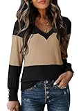 Dokotoo Early Fall Fashion Must Have Long Sleeve Thanksgiving Shirts for Women's Tops Fall Clothes V Neck Shirts Button Color Block Tunic Top Winter Clothing Khaki and Black Tops for Women L