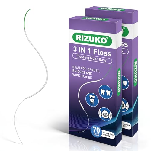 Rizuko Dental Floss for Braces, 3-in-1 Dental Floss for Bridges, Implants, Deep Cleaning 70 Pre-Cut Strands (Pack of 2)