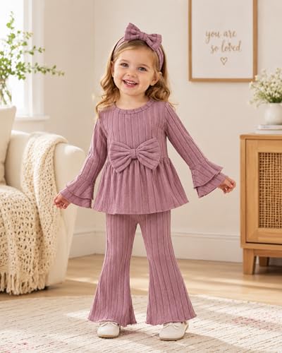 Image of SODLON Baby Girl Clothes Toddler Fall Winter Outfits Ruffle Long Sleeve Bow Top Flared Pants Set Bell Bottom Clothing 18M-5T