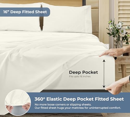 Image of ROYALE LINENS 100% Organic Cotton King Sheet Set - Percale Weave - 4 Pieces Set - 1 Flat, 1 Deep Pocket Fitted Sheet and 2 Pillowcases - Ivory Bed Sheets - Sabanas King - Crisp Cool (Ivory)