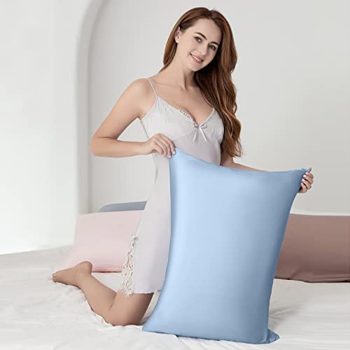 Image of Silk Pillow Cases 2 Pack, Mulberry Silk Pillowcases Standard Set of 2, Health, Anti Acne,Beauty Sleep, Both Sides Natural Silk Satin Pillow Cases for Women 2 Pack with Zipper for Gift, Haze Blue