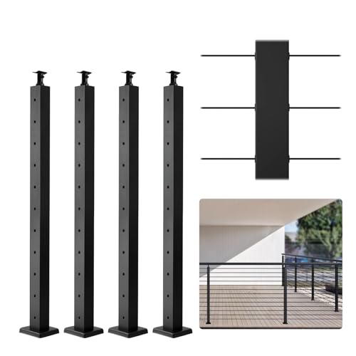 VEVOR 4 Postes de Barandilla de Cable de Con Orificio Horizontal 91,4 x 5 x 5 cm, 10 Orificios Preperforados, Poste de Riel de Cable de Acero Inoxidable SUS304 con Soporte Horizontal y Curvo, Negro