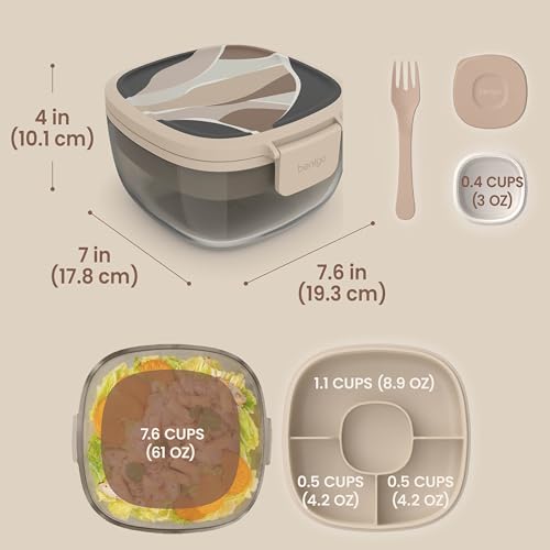 Image of Bentgo Glass Prints Salad Container - 7.6-Cup Tinted Glass Salad Bowl with Airtight Lid, Leak-Proof Sauce Container, 4-Compartment Bento Meal Prep Tray & Reusable Fork (Inky Abstract - Neutrals)