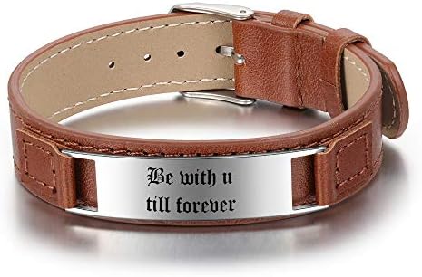 KAULULU Mens Womens Leather Adjustable Bracelet Personalised Mens Womens Black Leather Bracelet with Names Texts Stainless Steel Customised Couple Mens Bracelet Personalized Birthday Gift