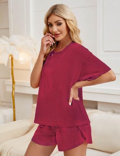 Image of JUSTFASHIONNOW Womens Pajama Sets Shorts Striped Print Two Piece Lounge Sets Crew Neck Sleepwear Split Shorts Set Soft Pjs