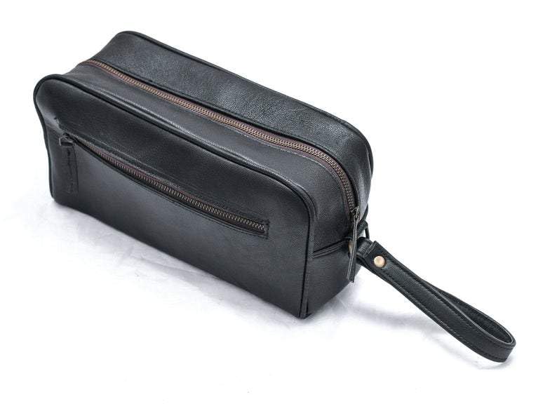 MaheTri Bolsa organizadora de viaje de piel auténtica, bolsa de aseo para hombres y mujeres, bolsa de cosméticos de cuero para kit de afeitado, marrón vintage y negro, regalo unisex, negro, sección
