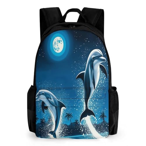 Supdreamc Backpack Anti-Theft Multipurpose Large Capacity Carry On Bag - Dolphin Blue Great Water Of Waves Sea Moon Camping Outdoor Backpack With Side Pockets