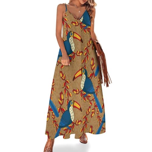 Robe maxi col V imprimé oiseau : la robe longue d'été sans manches pour la plage