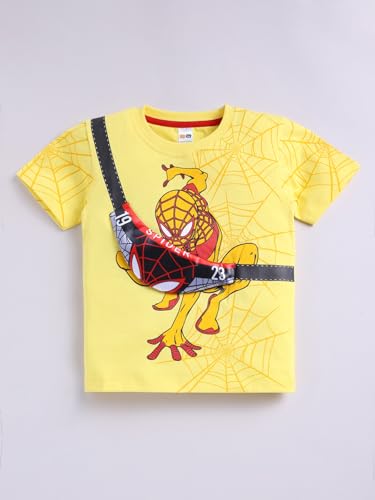 Image of Little Ninja Pure Cotton Knee Length Half Sleeve With Pocket Spider Man Printed Tee & Shorts Set - Yellow 0-6M