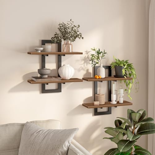 Image of HOOBRO Floating Shelves, 15 Inch Wall Shelf Set of 2, Wall Mounted Storage Shelves 2-Tier, Hanging Bathroom Shelves, for Living Room, Bedroom, Bathroom, Kitchen, Walnut and Black BH32BJ01