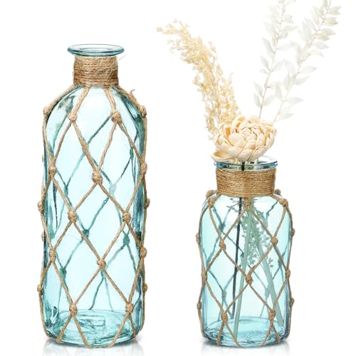 Image of Chuangdi Set of 2 Coastal Glass Flower Vase with Boho Rope, Light Blue