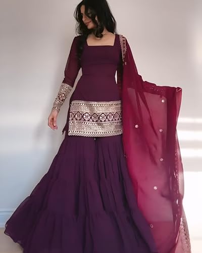 Image of Georgette Sharara Set with Embroidered Top, Royal Blue, 3-Piece Suit with Dupatta, Sequins and Cording Work