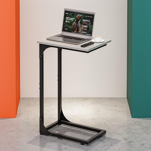 Image of C-Shaped Side Table for Couch - Small Coffee Stand Sofa Tray Desk with Metal Frame and Waterproof Scratch Resistant, Modern End Accent for Living Room, Bedroom, Small Spaces, Greige