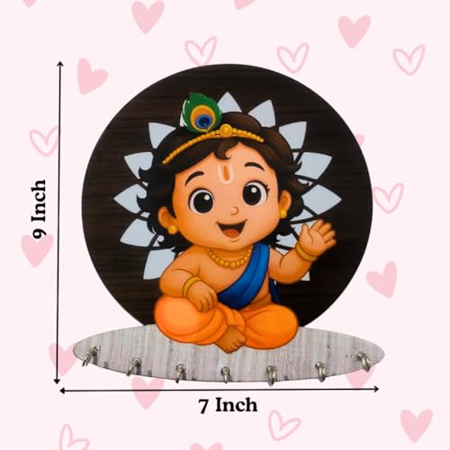 Image of Baby Krishna Wooden Key Holder for Home Without Drill, Brown, 20x25 cm, 7 Hooks, Modern Style, No-Drill Wall Mount Design for Home Office, Decorative Key Stand (Bal Krishna)