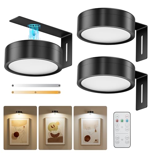 3-Pack Black Picture Lights for Wall Battery Operated with Remote and Timer 3 Color Temperatures & Dimmable Art Display Light for Picture Frame Artworking PortraitWireless Wall Decor Puck Lights