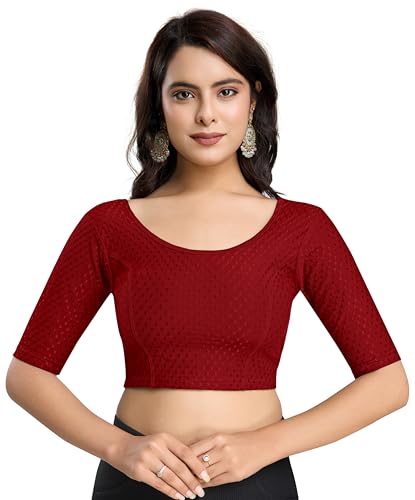 Image of TRENDMALLS Women's Dobby Pure Cotton Elastin Stretchable Readymade Round Neck Elbow Length Sleeves Blouse Choli Stylish Saree Blouse Ready to Wear