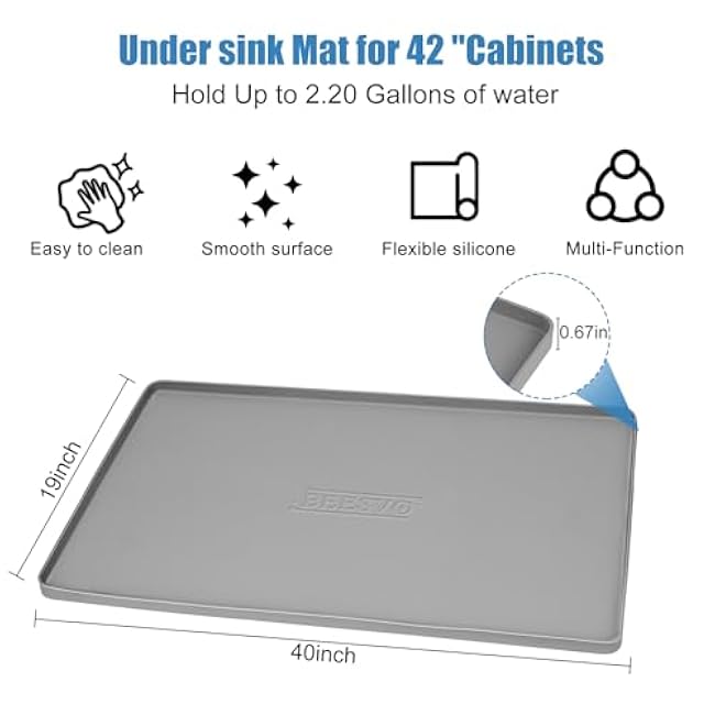 Under Sink Mat for Kitchen Waterproof, 40 x 19 Silicone Under Sink Liner Kitchen & Bathroom Cabinet Protector Mats, Heavy Duty Flexible Under Sink Drip Tray with Lip, Cool Grey