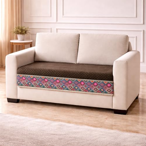 Image of KINGLY Sofa Cover for 2 Seater | Quilted Velvet Seat Cover | Anti-Slip Sofa Mat with Back Elastic | Thick Fabric Sofa Protector | Washable Couch Cover | Chocolate Brown