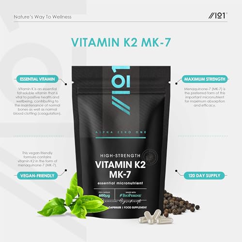 Vitamin K2 MK-7 600mcg - Fermented Natto Based Vegan Vitamin K - Supports Bone Health - Non-GMO, Halal - 120 Vegan Capsules