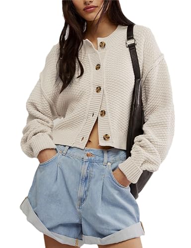 Image of Women's Oversized Cropped Cardigan Sweater Open Front Long Sleeve Button Down Knit Outwear