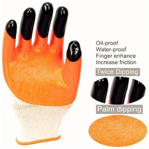 Image of 5Pair Nylon Knitted Latex Rubber Coated Safety Hand Protection Working Gloves For Anti Cut Heat & Fire Resistant Industrial Gloves For Men Women (ORANGE 5PAIR)