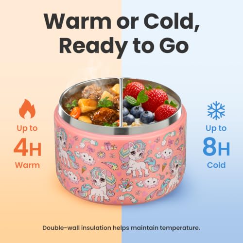 Image of Pawtong 12oz Insulated Vacuum Food Jar with Buckle Lid Wide Mouth Soup Thermo for Hot Food Kids Leakproof Stainless Steel Lunch Container (Pink-Horse)