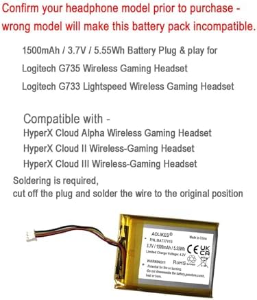 AOLIKES 1500mAh 533-000181 Battery Replacement for Logitech G735 / G733 Lightspeed Gaming Headset,Compatible with HyperX Cloud Flight, Cloud II III Wireless Headset - 1