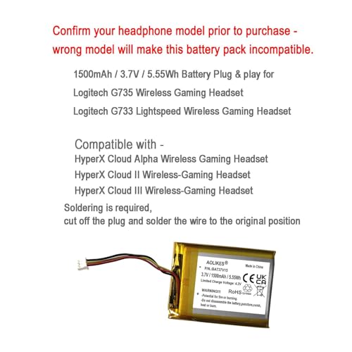 AOLIKES 1500mAh 533-000181 Battery Replacement for Logitech G735 / G733 Lightspeed Gaming Headset,Compatible with HyperX Cloud Flight, Cloud II III Wireless Headset