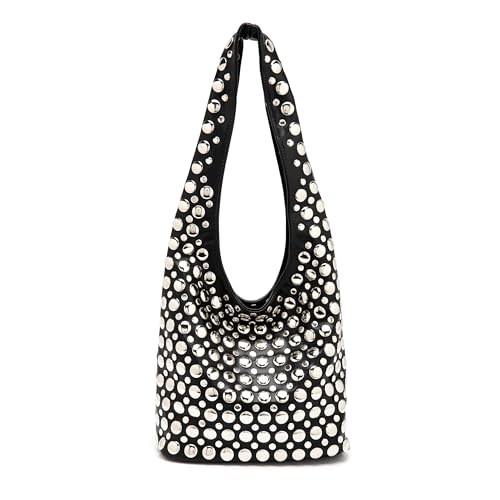 Ophlid Stylish Studded Hobo Bag Y2K Rivets Bucket Purse for Women Trendy Small Shoulder Tote Handbag, Black, S
