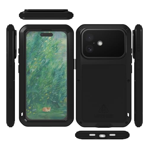 LOVE MEI Military Rugged Case for iPhone 16, with Tempered Glass Screen Protector, Shockproof Dustproof Scratch Proof Hybrid Metal and Silicone Gel Heavy Duty Full Body Cover (Black)