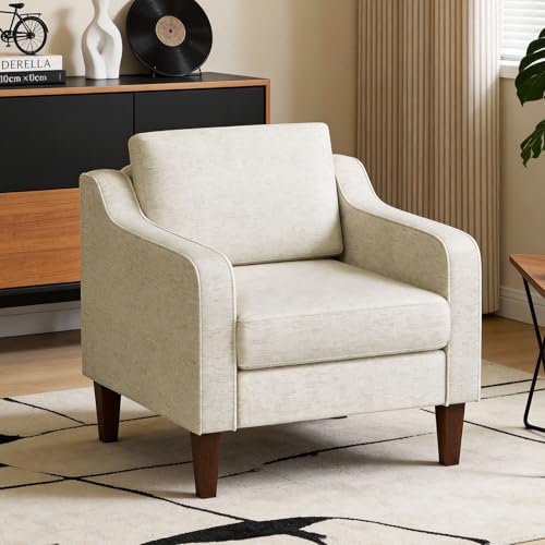 Image of FDW | Accent Chair | Upholstered Arm Chair | Spring Cushion High Density Foam | Durable Wood Legs | Mid-Century Modern Design | Fabric Beige | Living Room, Bedroom, Reading Room, or Apartment