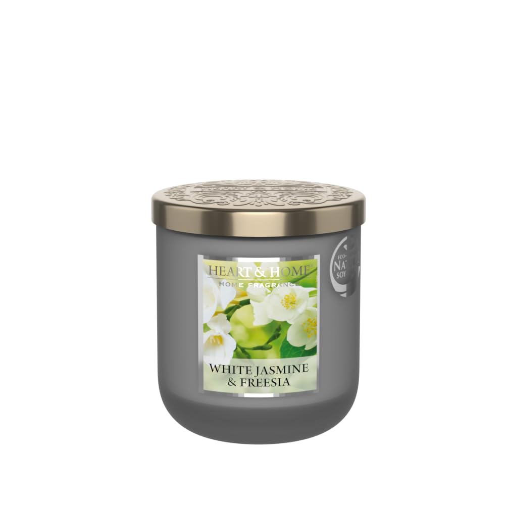 HEART & HOME - Bougie parfumée à base de cire naturelle de soja pour la maison - Petite jarre Freesia Jasmin - Durée de combustion 30h - Cadeau, décoration et parfum pour la maison - pot en verre