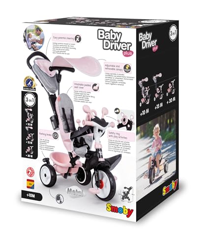 Smoby - Tricycle Baby Driver Plus Rose - Vélo Evolutif Enfant Dès 10 Mois - Roues Silencieuses - Frein de Parking - 741501