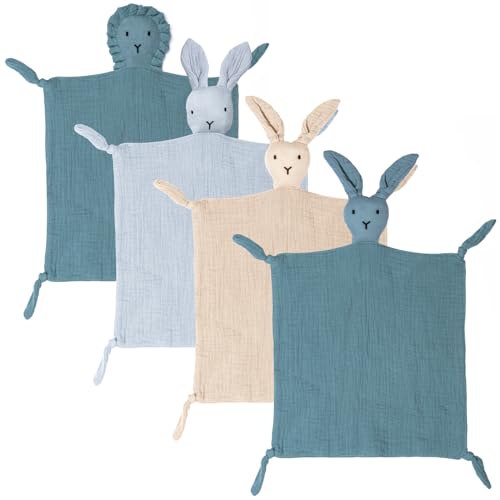 Image of Tudomro 4 Pcs Organic Cotton Muslin Lovey Blanket Muslin Loveys for Babies, Bunny Lion Soft Breathable Security Blanket Lovies for Babies, Baby Gifts for Boys Girls (Gray, Khaki, Dark Green, Teal)