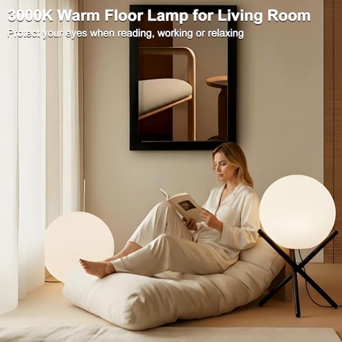 Image of Lightdot Outdoor Floor Lamp, 12-Inch LED Ball Light with Milky White Waterproof Shade - 10W 3000K Corn Globe Floor Lamps with Stable Black Tripod Base, for Patio Garden Living Room, Bedroom, Plug&Play